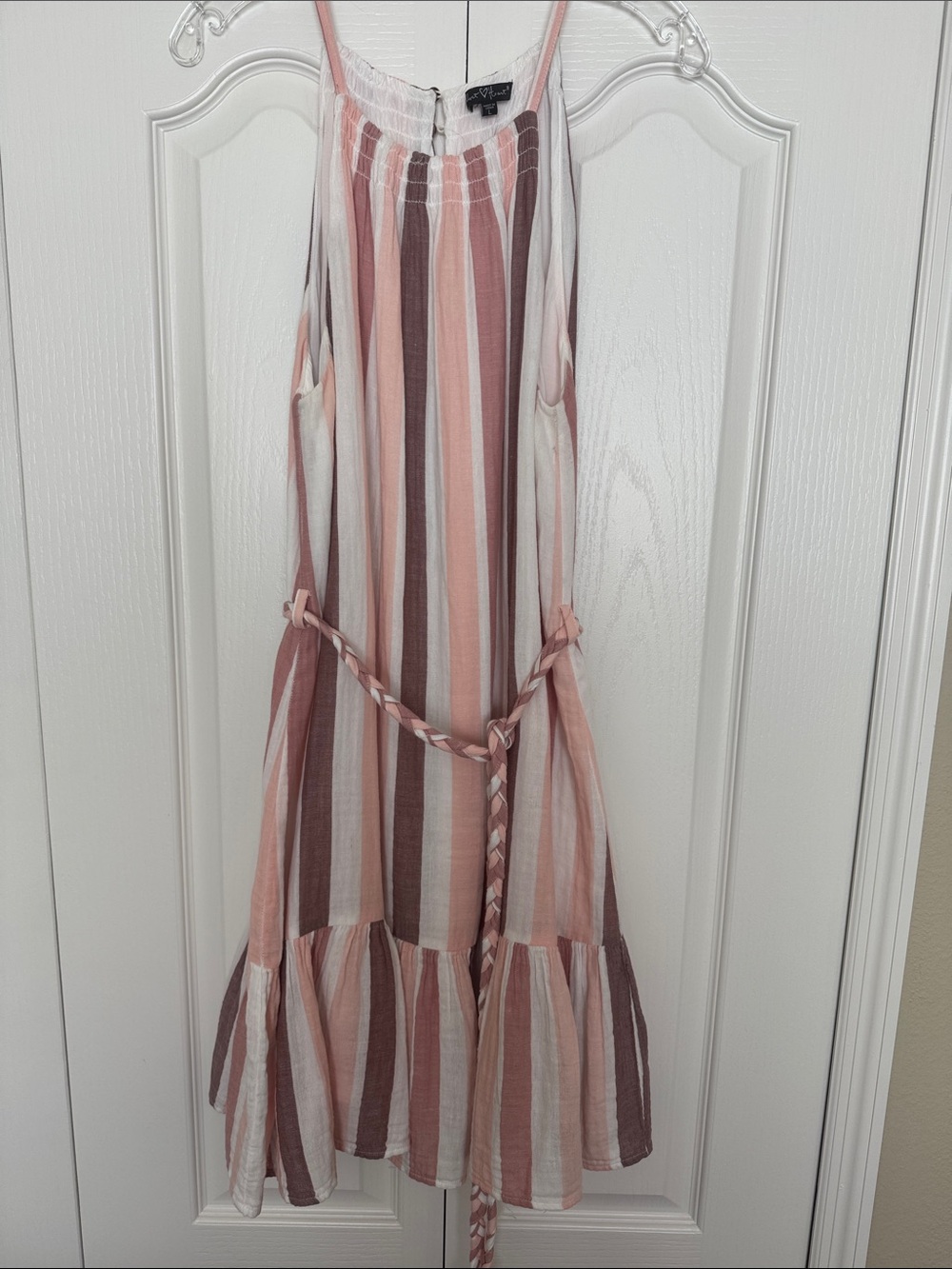 Velvet Heart Pink, White & Brown Striped Sleeveless Dress